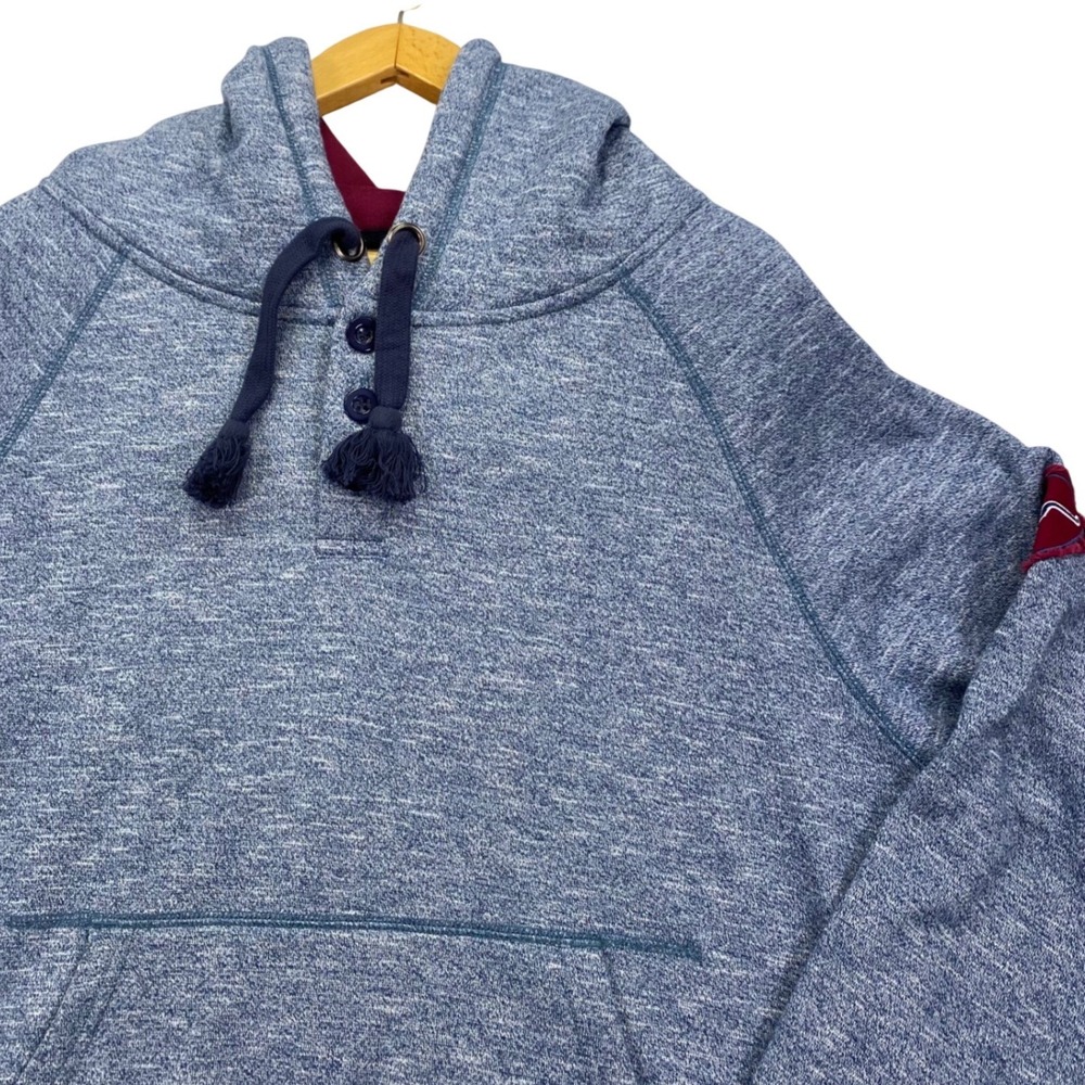Kimes Ranch Hoodie Mens Medium Blue Button Henley Neckline Drawstring Raw Hem